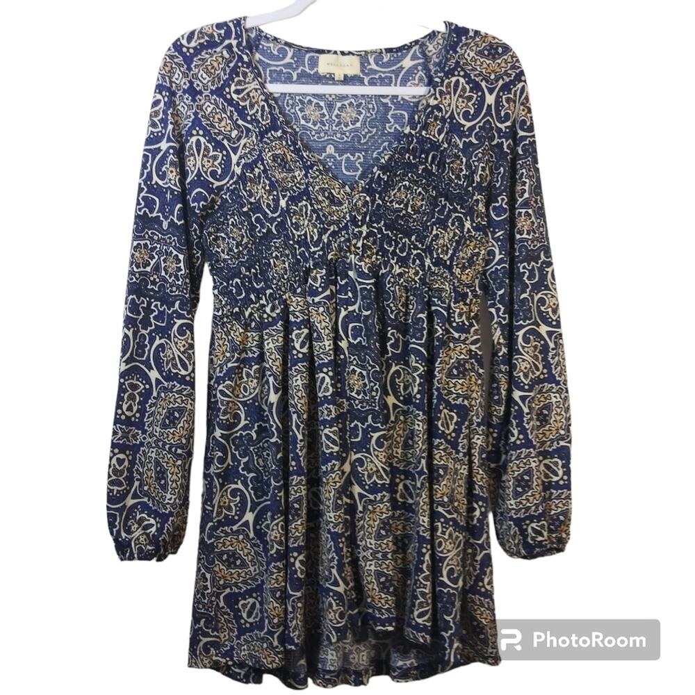 Melloday Boho Mini Dress Long Sleeve Blue Print V-Neck Size Small